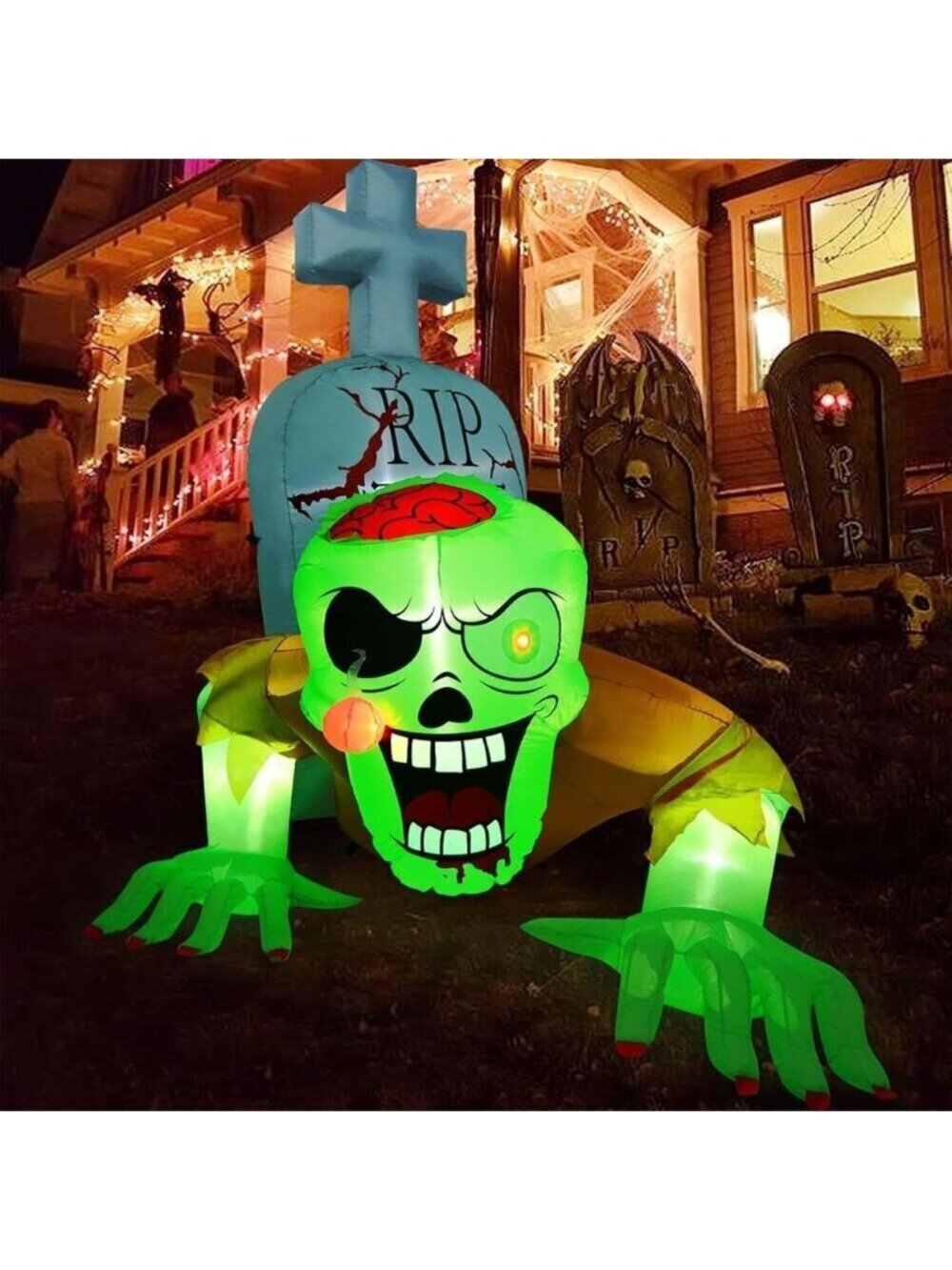 5.7FT Inflatable Halloween Decorations Crawling Green Ghost with Tombstone